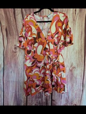 Ava & Viv Pink & Orange Funky Floral Romper - 2X